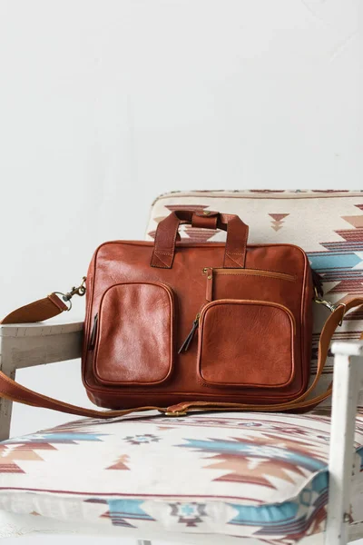 Close-up photo of red leather bag corporate. — Stock Photo, Image