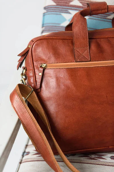 Close-up photo of red leather bag corporate. — Stock Photo, Image