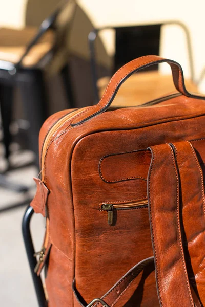 Orange leather backpack. Street photo — Stock Photo, Image