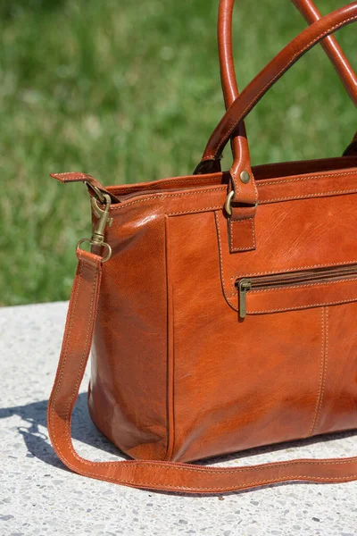 Close Part Photo Luxury Orange Leather Bag White Marble Outdoors — Foto de Stock