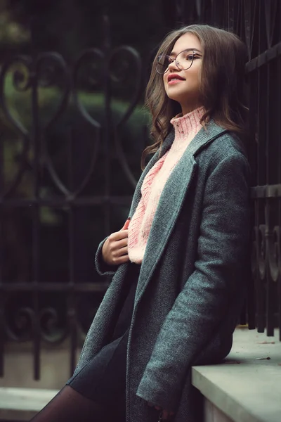 Young Beautiful Girl Posing Autumn Street Dressed Stylish Gray Coat — ストック写真