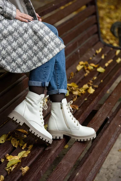Female Legs Jeans White Fashion Boots Laces Fallen Leaves Sidewalk — Stock Fotó