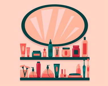 Banyodaki raflarda aksesuarlar var.