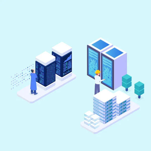 Veri Merkezi 'nde çalışan Isometric 3D Adam, Veritabanı Sunucusu Sunucu Teknik Odası, Düz Vektör İllüzyonu