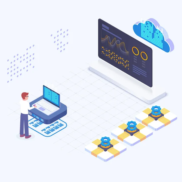 Veri bulut hizmetlerinin Isometric bileşimi. Büyük veri analiz sistemi depolama iş istihbarat sistemi modern yüksek teknoloji. Isometric web sayfası şablonu. 