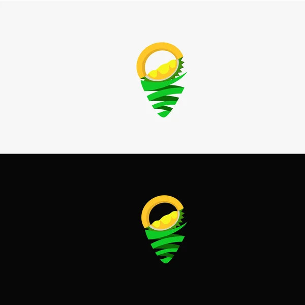 Çiftlik turizmi logosu şablonu. seyahat logoları. Konum noktası ve Durian şekli olan logo konsepti. sarı ve yeşil. 