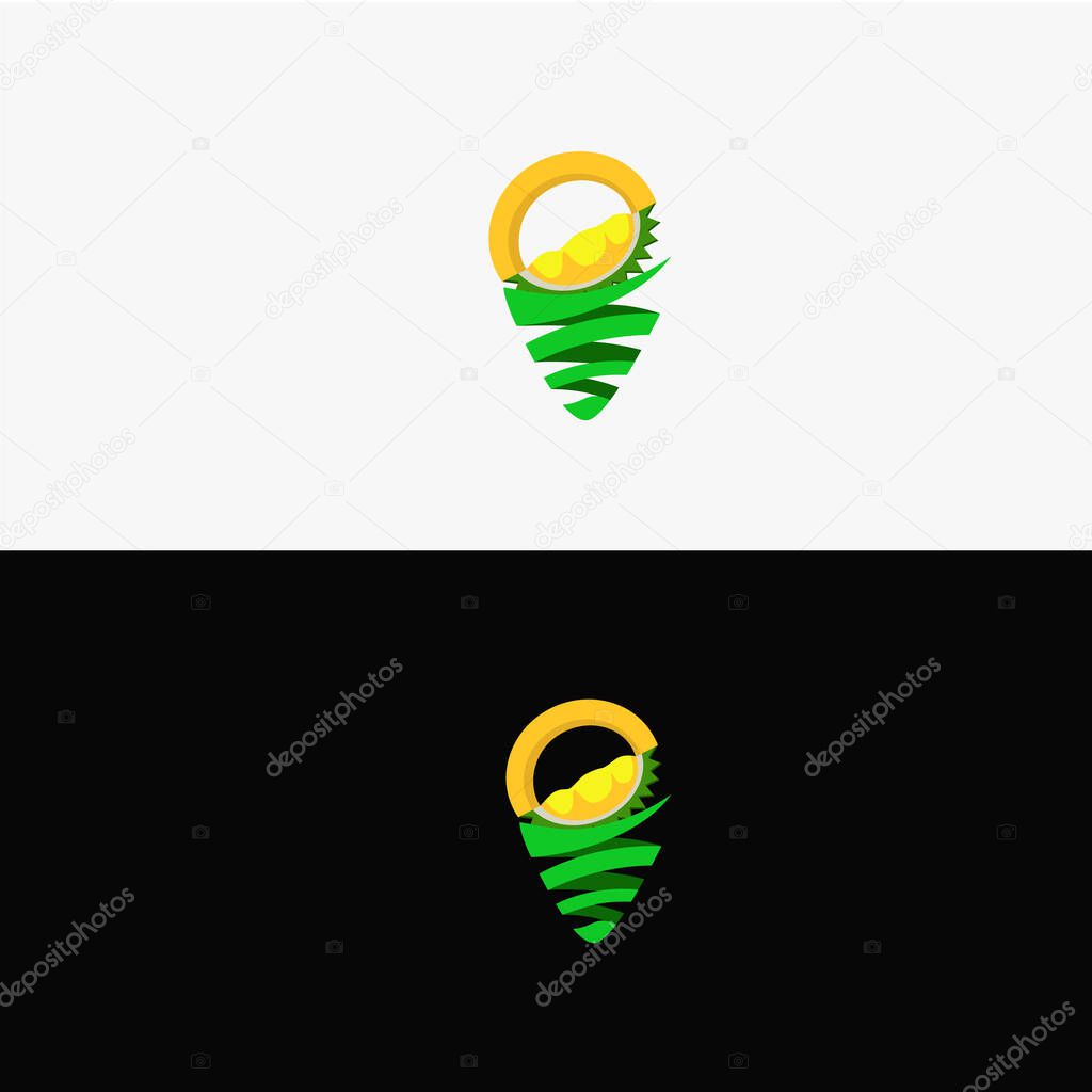 Plantation tourism logo template. travel logos. Logo concept with location point and durian shape. yellow and green. 