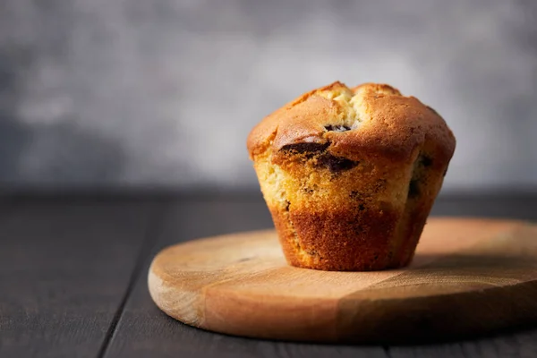 Muffin with chocolate and blueberries on a wooden stand on a dark background. — Φωτογραφία Αρχείου