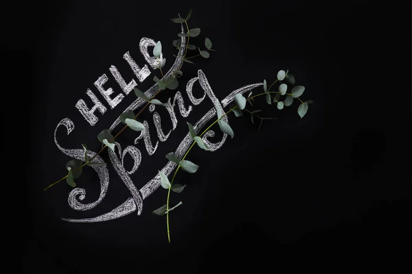 Hello spring. Seasonal photo, an inscription with flowers on a dark background of a slate wall or chalkboard. — Stock Photo, Image