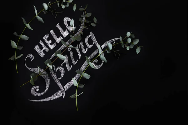 Hello spring. Seasonal photo, an inscription with flowers on a dark background of a slate wall or chalkboard. — Stock Photo, Image