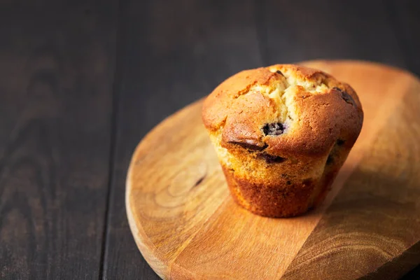 Muffin with chocolate and blueberries on a wooden stand on a dark background. — Φωτογραφία Αρχείου