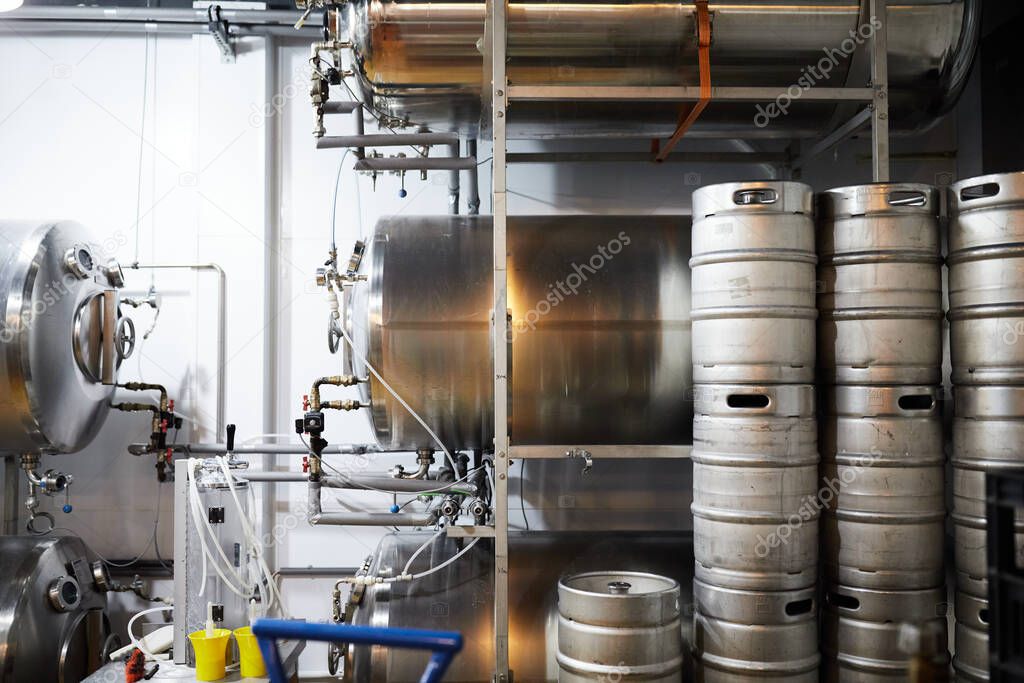 Equipment for the production of handicraft beer. Containers for storage of finished beer.