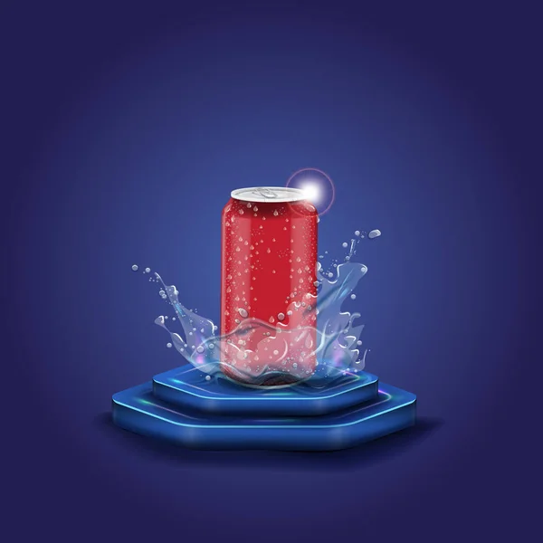 Frasco de bebida energética com respingo de água na cena 3d — Vetor de Stock