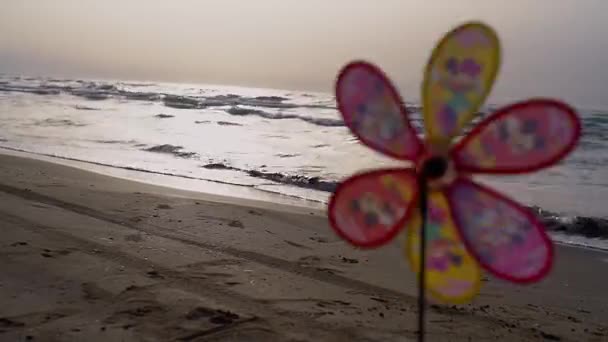 ของเล่นกังหันลมสีสันสดใสในชายหาด . — วีดีโอสต็อก