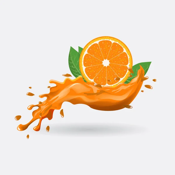 Χυμός Πορτοκαλιού Φέτες Πορτοκαλιού Και Σταγόνες Και Φύλλα Ρεαλιστική Διανυσματική — Διανυσματικό Αρχείο