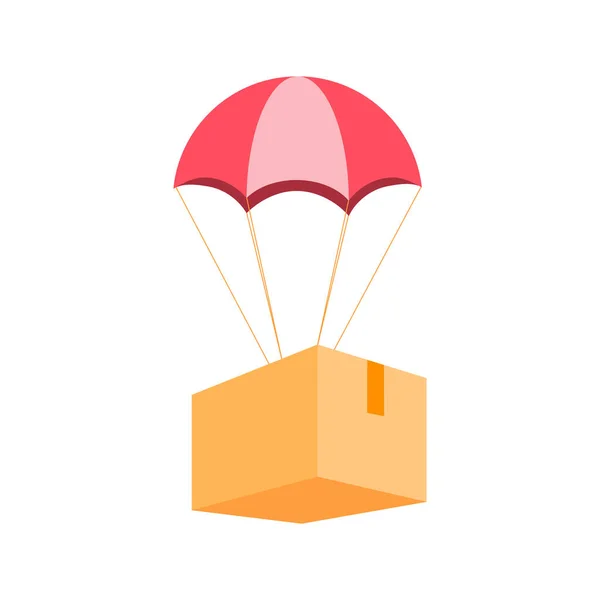 Parachute Delivering Cardboard Box Flat Color Vector Illustration — Stock Vector