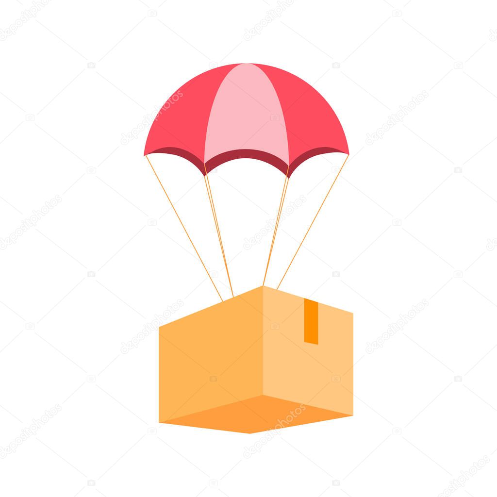 Parachute delivering cardboard box. Flat color. Vector illustration