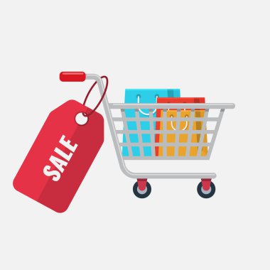 Shopping cart with red price tag and shopping bags. Flat color style Vector illustration