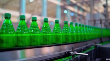 Su fabrikasındaki taşıyıcıda bir sıra şişe. Yüksek kalite 4k görüntü