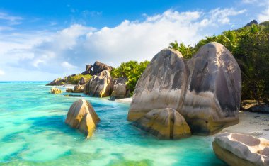 Anse Source DArgent - Seyşeller 'in en güzel plajı. La Digue Adası, Seyşeller