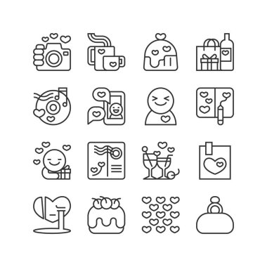 Sevgililer günü ve aşk vektör ikonu hazır. Mutlu, romantik, kart, hediye, parti, flört, yüzük ve kırık bir kalp. Çizim biçimi ve semboller, düzenlenebilir vuruş.