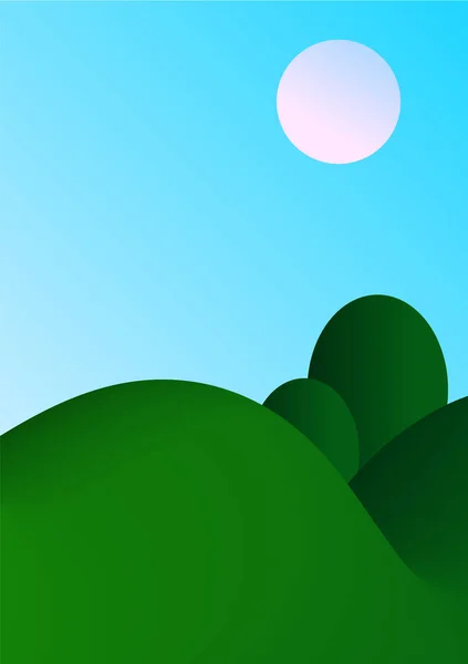 Dağ manzarası ve gündoğumu arka plan vektörü. Şafak vakti güzel doğa manzarası, yeşil tepe, ağaçlar, sabah masmavi gökyüzü. Kapak, arkaplan, duvar kağıdı için karikatür stili.