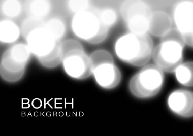 Parlak bokeh ışıkları soyut arkaplan vektörünü bulanıklaştırır. Siyah arkaplanı olan güzel, yumuşak, beyaz Noel ampulü. Titreşimli sim çözünmüş doku sanatı. Parlak parlak daire lamba parti illüstrasyonuName.