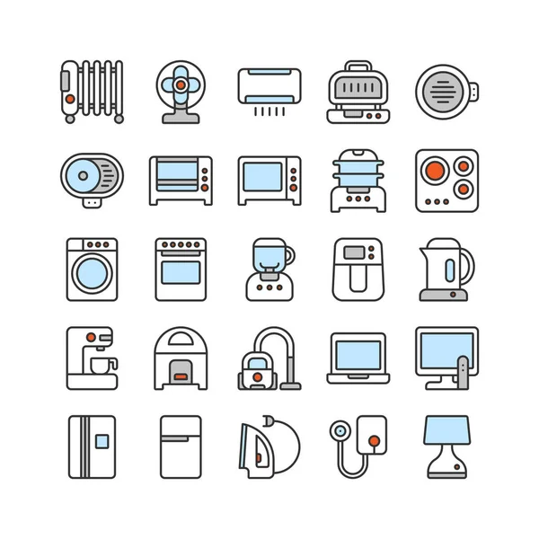 Elektrikli ev aletleri vektör ikonu ayarlandı. Ev aletleri ve mutfak ekipmanları, hava kızartma makinesi, fırın, ızgara, soba, buhar tenceresi, mikrodalga fırın, buzdolabı. Çizgi ve düz çizgi ile sembolü imzala.