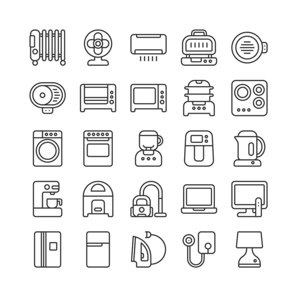 Elektrikli ev aletleri vektör ikonu ayarlandı. Ev aletleri ve mutfak ekipmanları, hava kızartma makinesi, fırın, ızgara, soba, buhar tenceresi, mikrodalga fırın, buzdolabı. Taslak, düzenlenebilir vuruşla sembolü imzala.