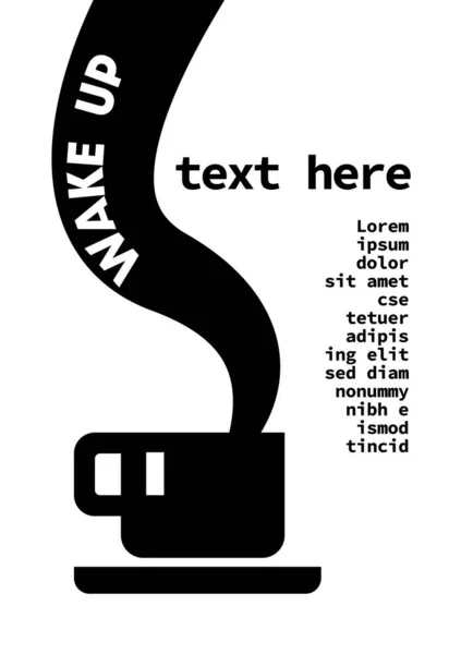 Kahve fincanı ikonu ve kelime arka plan vektörünü uyandır. Sıcak americano fincanı tüttür. Sabah konsepti, kahvaltı menüsü şablonu. Yiyecek, içecek, siyah siluet, katı işaret sembolü çizimi.