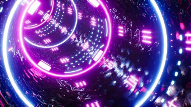 Shining Neon Circle light High Reflection Tunnel 3D Render clipart