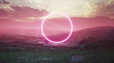 Foggy Mountain Range Otlağında Pembe Çember Işığı 3D