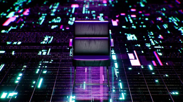 Czarne Krzesło Neon Data Flowing Cyberpunk Concept Space Floor Rendering — Zdjęcie stockowe