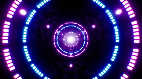 深紫色孔洞隧道中的圆形霓虹灯 — 图库照片