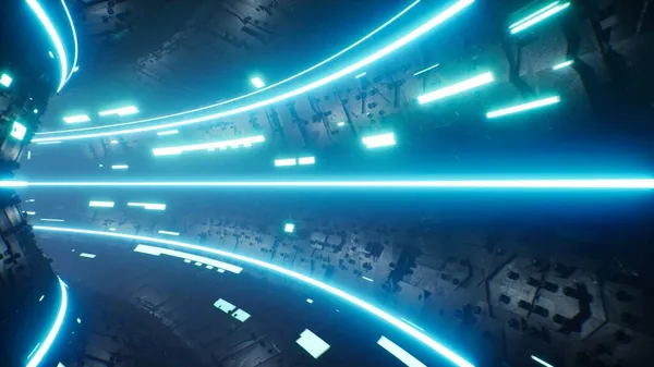 Uzay Tüneli 3D Renklendirmesinde Parlayan Cyan Renkli Işık Akımı