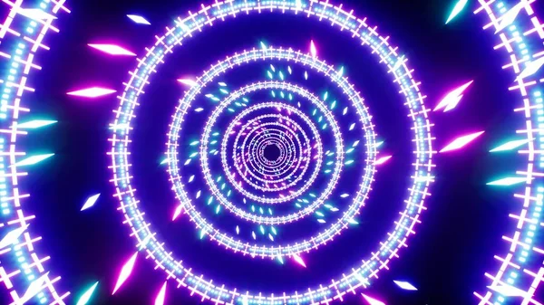 Abstrait Flying Neon Diamond Particules Dans Cercle Texture Tunnel Effet — Photo