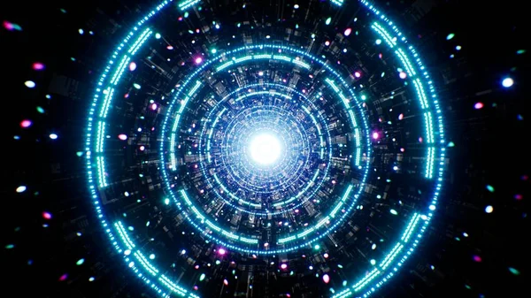 科幻技术隧道纹理效果中的中子粒子和圆形光图解设计背景 — 图库照片