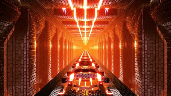 Orange Color Light Illuminated VJ Concept Tunnel 3D Rendering