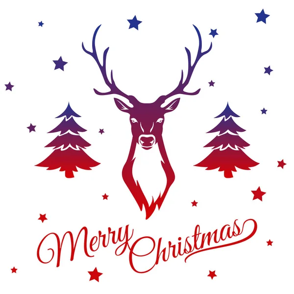 Ren geyiği, çam ağacı ve yıldızlı Noel kartı.