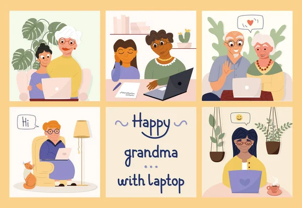 Boldog Nagymamák Különböző Nemzetiségű Laptoppal Gyerekekkel Unokákkal Nagyapával Illusztrációk Vektorkészlete — Stock Vector