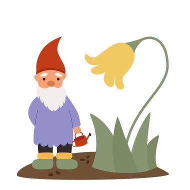 Küçük cüce sarı bir çiçeğin üzerine bir sulama kabı döküyor. Vektör düz çizim. Fantezi karakteri