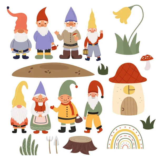 Conjunto Pequenos Gnomos Bonés Suas Ferramentas Ilustração Plana Vetorial — Vetor de Stock