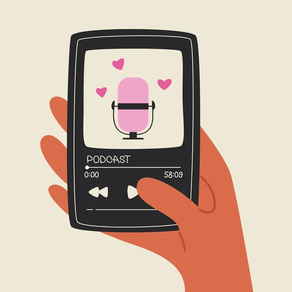 Podcast kapağı, röportaj. Akıllı telefondan podcast uygulaması yayınlanıyor. Trend biçiminde vektör illüstrasyonu