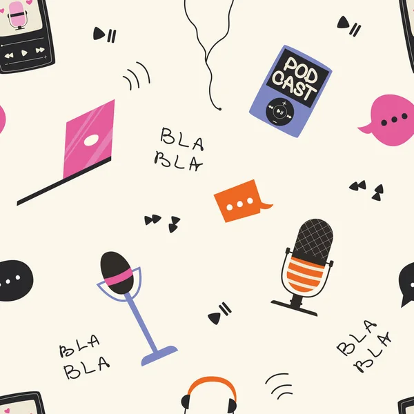 Elektronik aletlerle kusursuz desen. Podcast için kapak, röportaj, blog. Kulaklık, bilgisayar ve akıllı telefon..