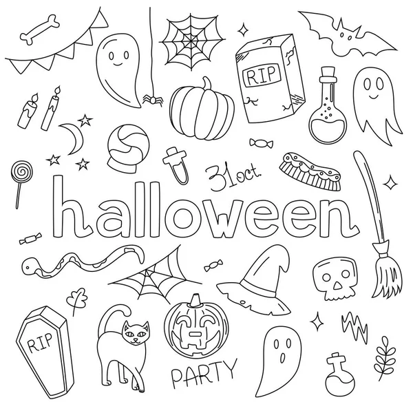 Conjunto Rabiscos Sobre Tema Halloween Abóboras Fantasmas Desenhados Mão Preto — Vetor de Stock