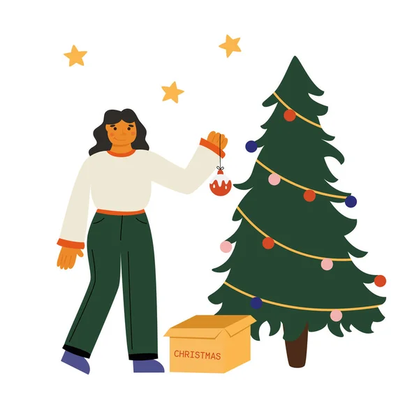 Het Meisje Versiert Kerstboom Met Nieuwjaarsspeelgoed Wintervakantie Tradities Vector Platte — Stockvector
