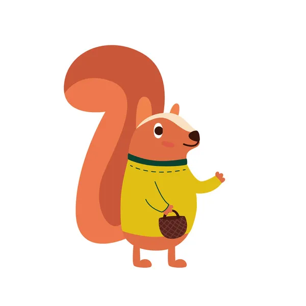 Ein Niedliches Eichhörnchen Pullover Hält Einen Korb Den Pfoten Vektorflache — Stockvektor