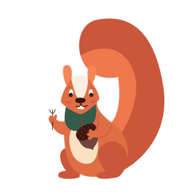 Önlükteki dişli bir sincap kendi fındığını yer. Vektör düz resimleme.