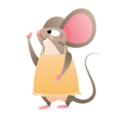 Sarı elbiseli kahverengi bir fare pençesini kurnazca sallıyor. Vektör düz resimleme.