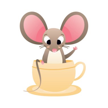 Sarı bir fincanda kahverengi bir çizgi roman faresi oturuyor. Düz çizilmiş bir karakterin vektör illüstrasyonuName.
